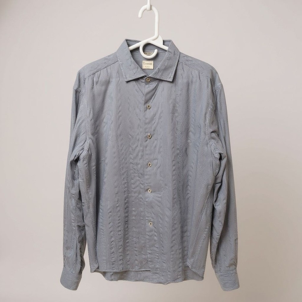 Culturata Button Front Shirt Men's 17.5" XL Blue Pleated Accent Mini Stripe EUC